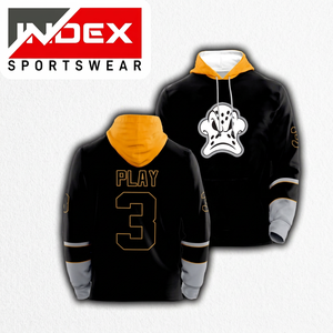 เสื้อฮู้ดบาสเก็ตบอล INDEX SPORTSWEAR พิมพ์ลายแบบ Sublimated สำหรับทุกเพศ แขนยาว สีดำเหลือง โลโก้การ์ตูน ผู้ใหญ่ ทรงปกติ - Product Image 1