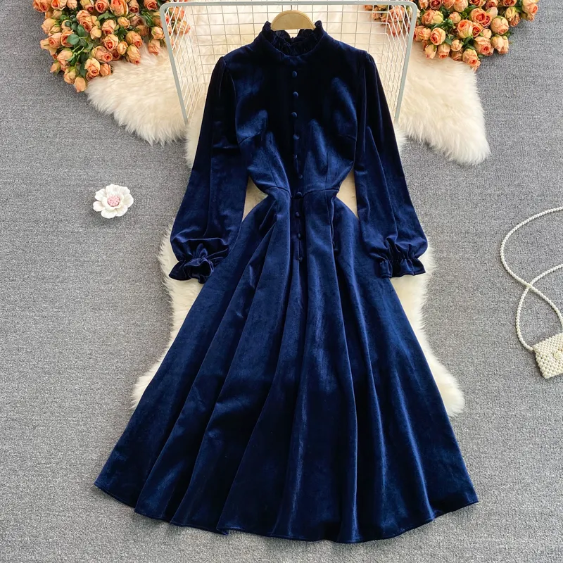 Wholesale 2023 Spring Style Vintage Standing Collar Wooden Ear Edge Velvet Dress Elegant Swing Long Dress