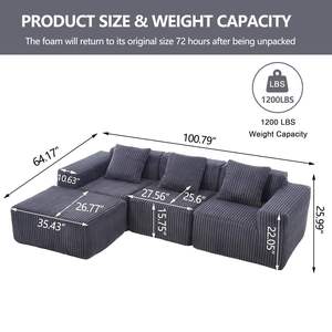 โซฟาผ้ากำมะหยี่แบบปรับได้ 3 ที่นั่ง พร้อมที่วางเท้า จัดส่งพร้อมใช้งาน - Product Image 4