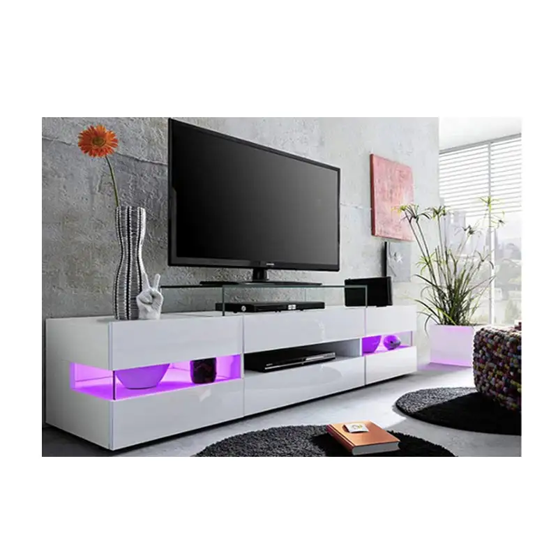 Stand TV Gloss Putih Modern Murah, Lampu LED untuk Furnitur Ruang Tamu