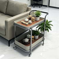 Chariot à thé et table basse mobile en cuir et acier inoxydable moderne pour salon
