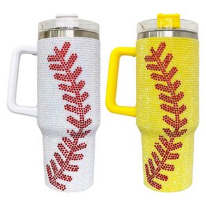 Ready to Ship 40Oz With Handle Double Wall Rhinestone Baseball Print Tumbler - Product Image 1