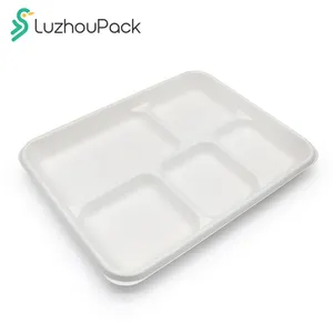 Luzhoupack 100% צלחת נייר compostable 5 תא bagasse בית הספר מגש ארוחת צהריים בית ספר מגש כבד איכות