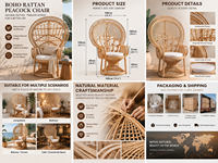 Fauteuil Paon en Rotin Naturel Tressé à la Main avec Coussin pour Salon, Hôtel, Resort