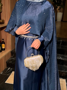 LEDUO Luxury Glitter Satin Two Piece Muslim Dress Dubai Wedding <b>Kaftan</b> Cape pashmina abaya - Product Image 3