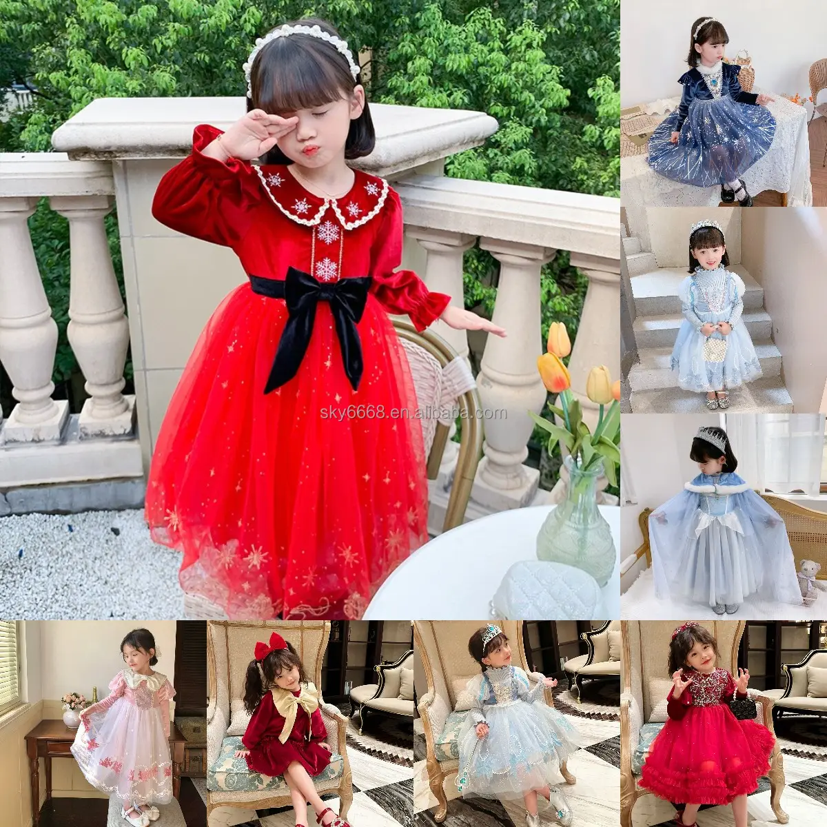 Elegant Princess Lace Dress Girl Flower Embroidery Vintage Children's Christmas Party Red Ball Dress