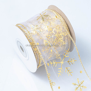 Nouvel Arrivage OKAY : Ruban <span class=keywords><strong>Organza</strong></span> Filé avec Flocons <span class=keywords><strong>de</strong></span> <span class=keywords><strong>Neige</strong></span> Dorés pour Couronnes, Nœuds et Décorations Cadeaux <span class=keywords><strong>de</strong></span> Noël - Product Image 5