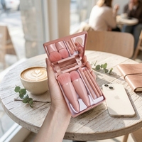 Ensemble de 5 pinceaux de maquillage avec miroir, étui de voyage, kit de pinceaux cosmétiques portables pour fond de teint, poudre, blush, fard à paupières, à emporter