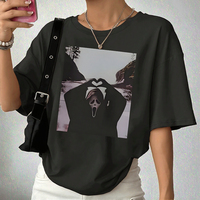 T-shirt décontracté à col rond pour femme, confortable et respirant, à manches courtes, 100 % coton tissé, grande taille, imprimé numérique intégral, motif scène effrayante