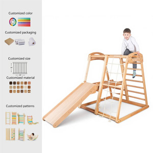 Eco-friendly Montessori Wooden Climbing Frame Set with <b>Slide</b> <b>and</b> Rope Net CE EN71 for Kids 2-8 Years Old Indoor Play Structure - Product Image 1