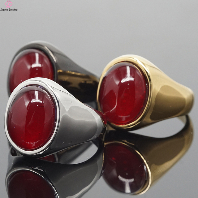 Lefeng Wholesale Custom Stainless Steel Silver Gold Plated Men Gemstone Chunky Ruby Red Signet Stone Ring
