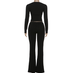 Viviblook Z0205ST01 Nouvel ensemble noir pour femmes, coupe ajustée, haut court sexy à manches longues, pantalon évasé, ensemble deux pièces - Product Image 5