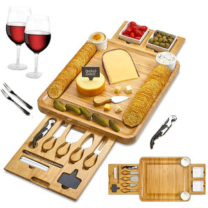 Planche à fromage en bambou, planche à découper en bambou, plateau à fromage domestique, planche à découper avec couteau et fourchette en acier inoxydable, double tiroir - Product Image 4