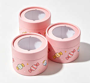Custom Eco-Friendly Pink Round Paper Tube <b>Box</b> with Gold Foil Printing and <b>Clear</b> Window <b>Lid</b> for Candy and <b>Gift</b> Packaging - Product Image 5