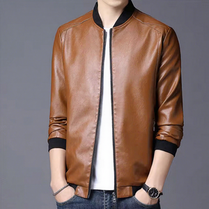 <b>Mens</b> Real Tan <b>Leather</b> Bomber <b>Jacket</b> Black Rib Collar Zip Side Pockets Sheepskin Camel Flight Coat Custom Brown Winter Outerwear - Product Image 1