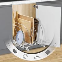 Étagère de rangement coulissante à trois niveaux en acier inoxydable pour planches à découper, avec glissières métalliques, design moderne pour le rangement des assiettes et des couvercles