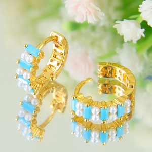 Pendientes de Aro de Lujo con Perlas y Circonitas Azules, Bañados en Oro de 21k, Estilo Dubái, para Mujer, Ideales para Eventos y Fiestas - Product Image 3