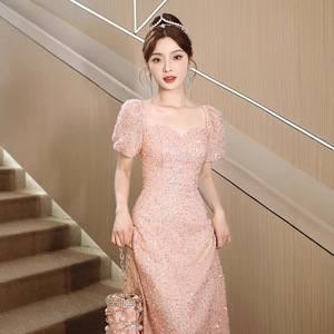 Pink Sequined Evening Gown Sweetheart Neckline Natural Waist Long Dress For Coming Of Age Ceremony - Product Image 2
