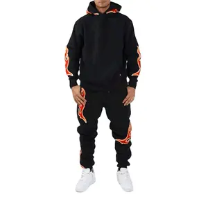 Fire Embroidery Patch Black Hoodie Suits Men Hoody Wholesale Black Matching SweatSuit Men Clothing Design Your Own Hoodie Suits