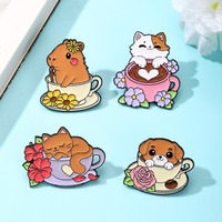 Pin de solapa de metal esmaltado con diseño de flor de taza de café y animal lindo