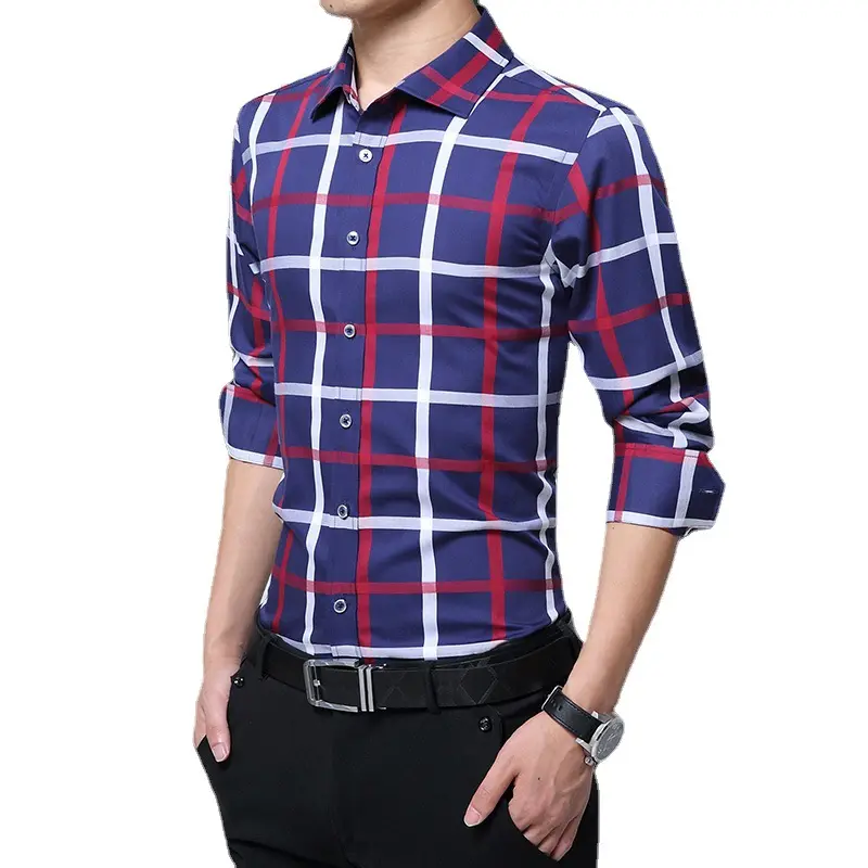 Oversize linen 100% cotton high quality white business shirt long sleeve men's Oxford Plaid Blue Long Sleeve Shirt