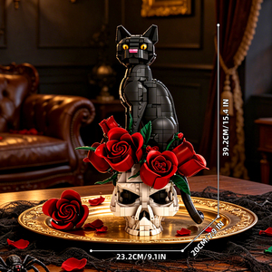 Gothic Skull <strong>Cat</strong> Building Blocks Black <strong>Cat</strong> with Red Rose Skull DIY Model Set Halloween Home Decor Unique Gift for Adults Teens - Product Image 2