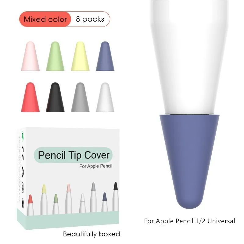 For Apple Pencil Tips Cover, 8 Packs Noiseless Drawing Silicone Rubber Point Nib Writing Protective Cover For Apple Pencil 1/2