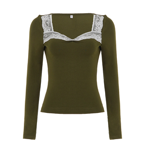 Lace Trim Square Neck Knit <b>Top</b>, Long Sleeve Y2K Vintage T Shirt, Casual Fashion Women Sweater Blouse Versatile Style - Product Image 6