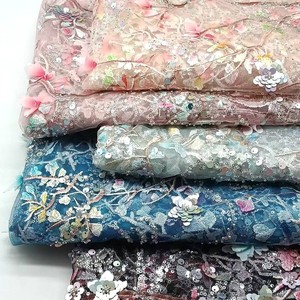 Erkoumiroyal 3d dentelle tissu fleur luxe perlé bleu dentelle tissu garnitures broderie maille pour robes de mariée vêtements - Product Image 1