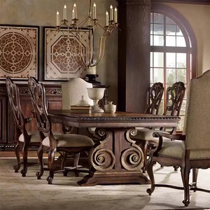 Table à manger américaine vintage sur mesure en bois massif sculpté, base en tréteaux, sculpture à motifs, brun antique, pour villa et restaurant - Product Image 1