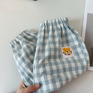 Kids Cotton Plaid Long Pants Blue Checkered Elastic Waist Casual Summer Wear - Product Image 2