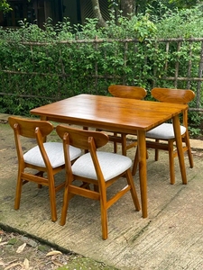 Contemporary Teak Wood Dining Furniture Set with Curved <b>Captain</b> <b>Chairs</b> Minimalist Table for Home Cafe Hospitality Use - Product Image 6