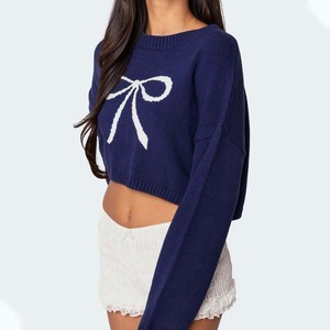 Maglione Corto Casual Morbido da <span class=keywords><strong>Donna</strong></span> Blu Navy con Motivo a Fiocco, Lavorato a Maglia, a Maniche Lunghe, Pullover Autunnale - Product Image 4