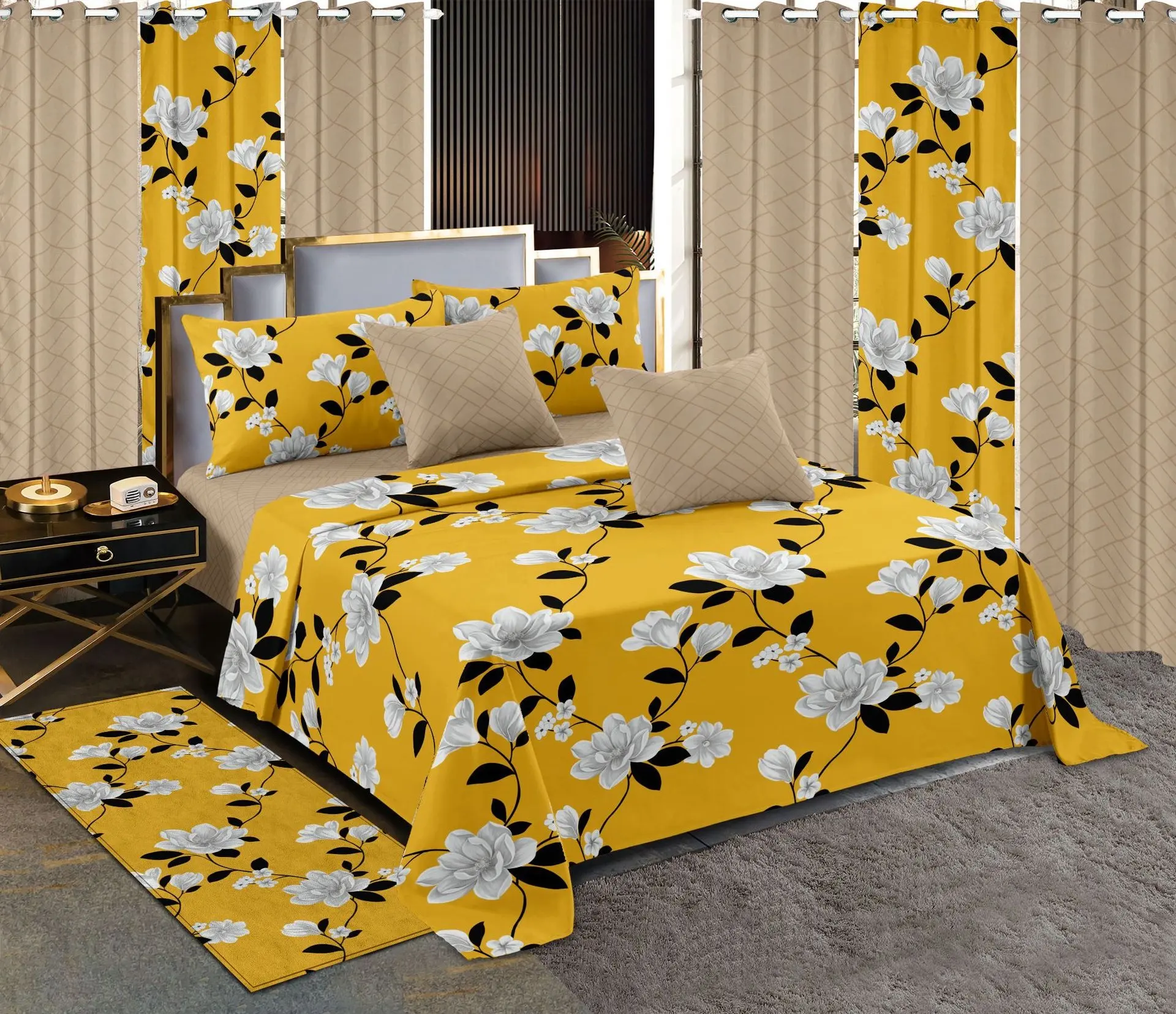 Good Quality Curtain Bedding Set Printed 13pcs Bedsheets king size with carpet for Home and Bedroom