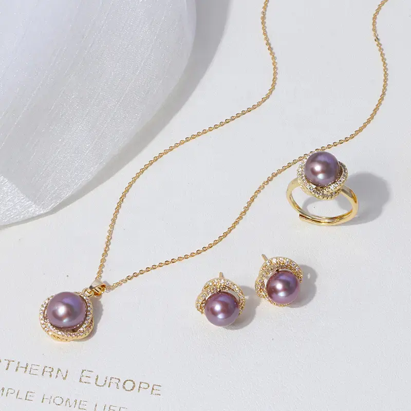 Natural freshwater purple pearl jewelry set necklace ring earrings set 18k gold plated jewelry for women wedding