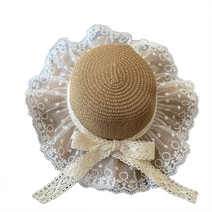 Nouveau filles chapeaux mode été dentelle fleur casquettes respirant chapeau de paille élégant enfants chapeau de soleil belle <span class=keywords><strong>pompon</strong></span> bébé <span class=keywords><strong>Bonnet</strong></span> sac ensemble - Product Image 5