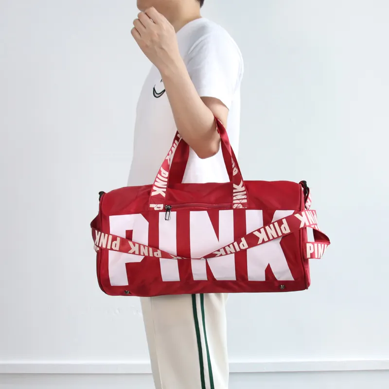 Custom Logo Printed Nylon Duffel Tote Bag Women Pink Luggage Duffle Travel Bag