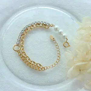 Joyería para mujer pulsera de perlas 18K chapado en oro zirconia pulsera de doble capa joyas de acero inoxidable al por mayor