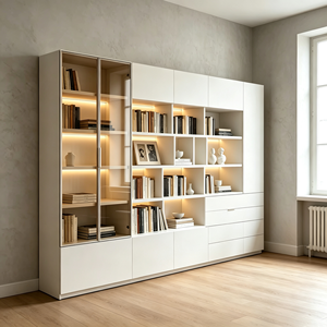 Escritorio Moderno Personalizado con Estantería Integrada, Puertas de Vidrio, Estantes Abiertos con Retroiluminación LED, Cajones, Escritorio de Estudio, Estantería Ecológica para Dormitorio o Sala de Estar - Product Image 1
