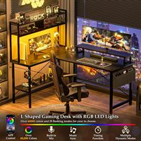 Escritorio para Juegos en Forma de L con Luces LED USB Integradas, Escritorio de Esquina para Computadora Negro con Soporte para Monitor y Estante de Almacenamiento