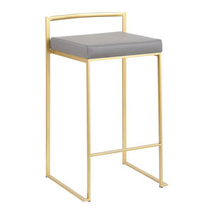 Taburete de Barra de <span class=keywords><strong>Cocina</strong></span> de Lujo Moderno <span class=keywords><strong>con</strong></span> Asiento Acolchado de Cuero PU Gris, <span class=keywords><strong>Respaldo</strong></span> Bajo y Estructura Metálica Cuadrada Dorada - Product Image 2
