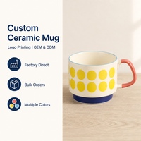 Mug en céramique à pois, tasse à café rétro jaune à pois, mug blanc crème 300 ml avec poignée rose corail, logo personnalisé, OEM, vente en gros, cadeau