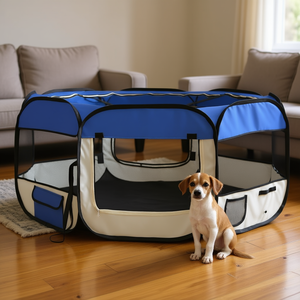 คอกกั้นสุนัขสีน้ำเงินครีม โพลีเอสเตอร์ ขนาด 57.1 x 57.1 x 24.0 นิ้ว พับได้ สำหรับใช้ในบ้าน รูปทรงสี่เหลี่ยมผืนผ้า สไตล์โมเดิร์น - Product Image 2