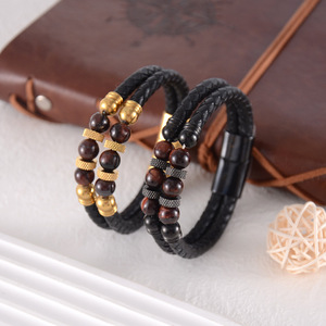สร้อยข้อมือหนังลายตาเสือสำหรับผู้ชาย สีดำและสีทอง ประดับด้วยลูกปัดเชือกและหินธรรมชาติ พร้อมตัวล็อกแม่เหล็ก ของขวัญเครื่องประดับ ขนาด 7.5 นิ้ว 8.5 นิ้ว 9 นิ้ว - Product Image 3
