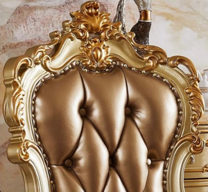 Chaises de salle à manger classiques européennes de luxe en bois massif avec accoudoirs dorés, meubles de <span class=keywords><strong>restaurant</strong></span> en bois massif et cuir véritable pour la maison - Product Image 5
