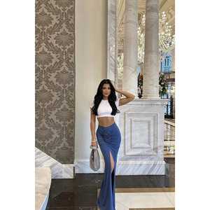 Jupe longue droite brodée Indigo Rose avec détail portefeuille en tissu tricoté élasthanne imprimé pour la saison printemps-hiver - Product Image 2