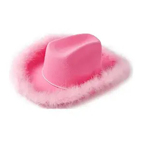 American western cowboy festival white feather crystal strap non-woven shaped hat pink cowboy hats