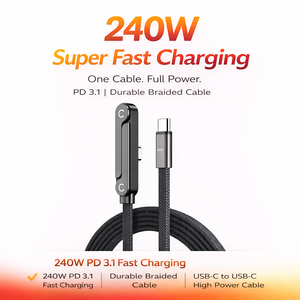 240W Süper Hızlı Şarj Tip C Veri Kablosu, Oyun Cihazları, Tabletler ve Ofis Kullanımı için Dahili Standlı Premium Örgülü Senkronizasyon Kablosu - Product Image 1