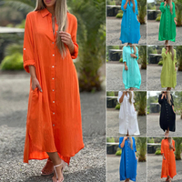 Gaun Kemeja Wanita Lengan Panjang Musim Semi 2025 Katun Linen Warna Solid Fashion Kancing Kerah Cardigan Maxi Panjang Longgar Kasual