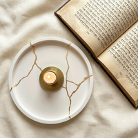 Plateau en béton Kintsugi fait main avec lignes craquelées dorées, style moderne Judaica, pour bougie Kiddush de Shabbat, rituel juif, décoration intérieure, mariage, Diwali